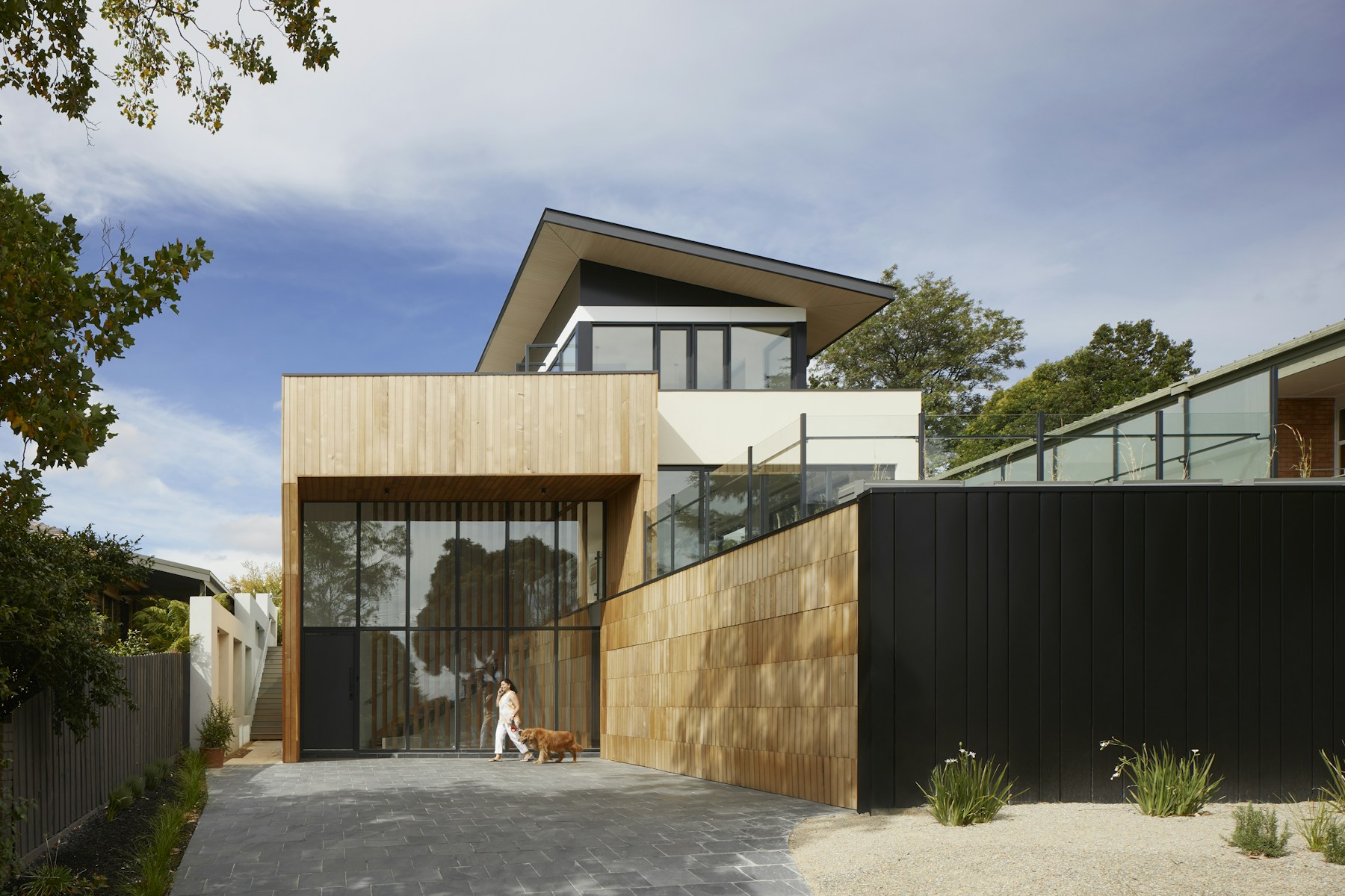 Modern house with wood cladding and a glass entrance